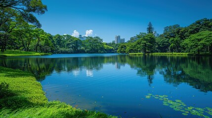 Obraz premium Tranquil lake surrounded by lush greenery and reflecting the serene blue sky