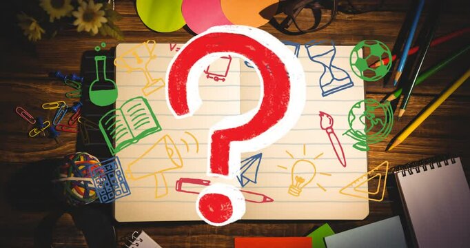 Animation of question mark over school items and icons