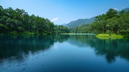 Tranquil lake surrounded by lush greenery and reflecting the serene blue sky