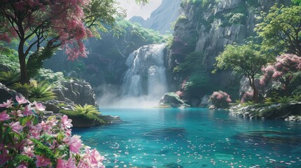 Dense jungle with vibrant flora, winding paths, and a waterfall cascading into a crystal-clear pool