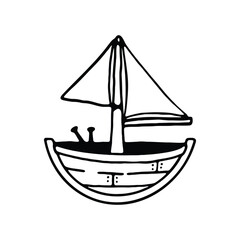 hand drawing of a small sailboat with a single sail and wooden base.