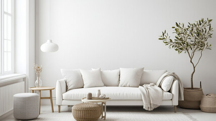 A white living room with a sofa, designed in a simple, modern Scandinavian style.