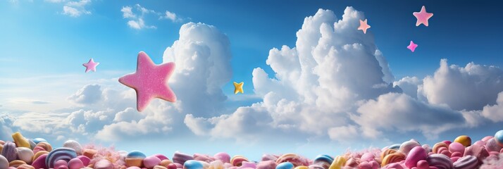 A whimsical landscape of colorful candy and playful stars under a bright blue sky