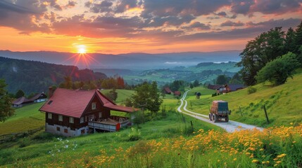 Idyllic countryside with quaint cottages, sprawling fields, and a serene sunset