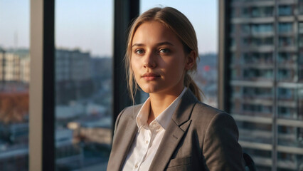 Fototapeta premium portrait of a business woman, office lady, after work, sunset hour