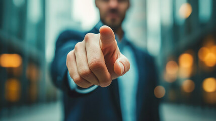 Businessman in suit pointing with gesture finger at camera in front of business center. man points to virtual search bar. Making a choice, touching touch screen. information technology, search engine