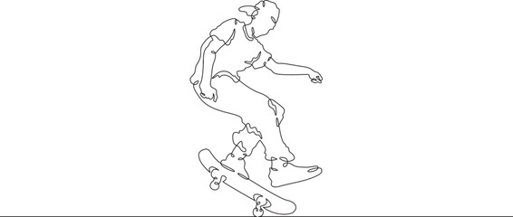 Continuous one line drawing skateboarder on a skateboard. Extreme sport. Skateboarder in a jump. Dangerous trick. One continuous line isolated minimal illustration.