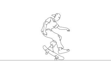 Fototapeta premium Continuous one line drawing skateboarder on a skateboard. Extreme sport. Skateboarder in a jump. Dangerous trick. One continuous line isolated minimal illustration.