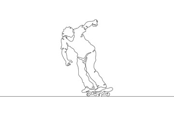 Continuous one line drawing skateboarder on a skateboard. Extreme sport. Skateboarder goes for a ride.  One continuous line isolated minimal illustration.