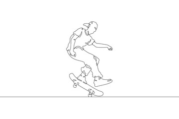 Continuous one line drawing skateboarder on a skateboard. Extreme sport. Skateboarder in a jump. Dangerous trick. One continuous line isolated minimal illustration.