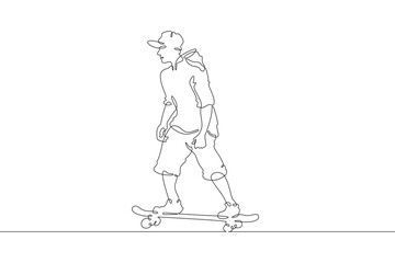 Continuous one line drawing skateboarder on a skateboard. Extreme sport. Skateboarder goes for a ride.  One continuous line isolated minimal illustration.