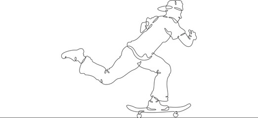 Continuous one line drawing skateboarder on a skateboard. Extreme sport. Skateboarder goes for a ride.  One continuous line isolated minimal illustration.