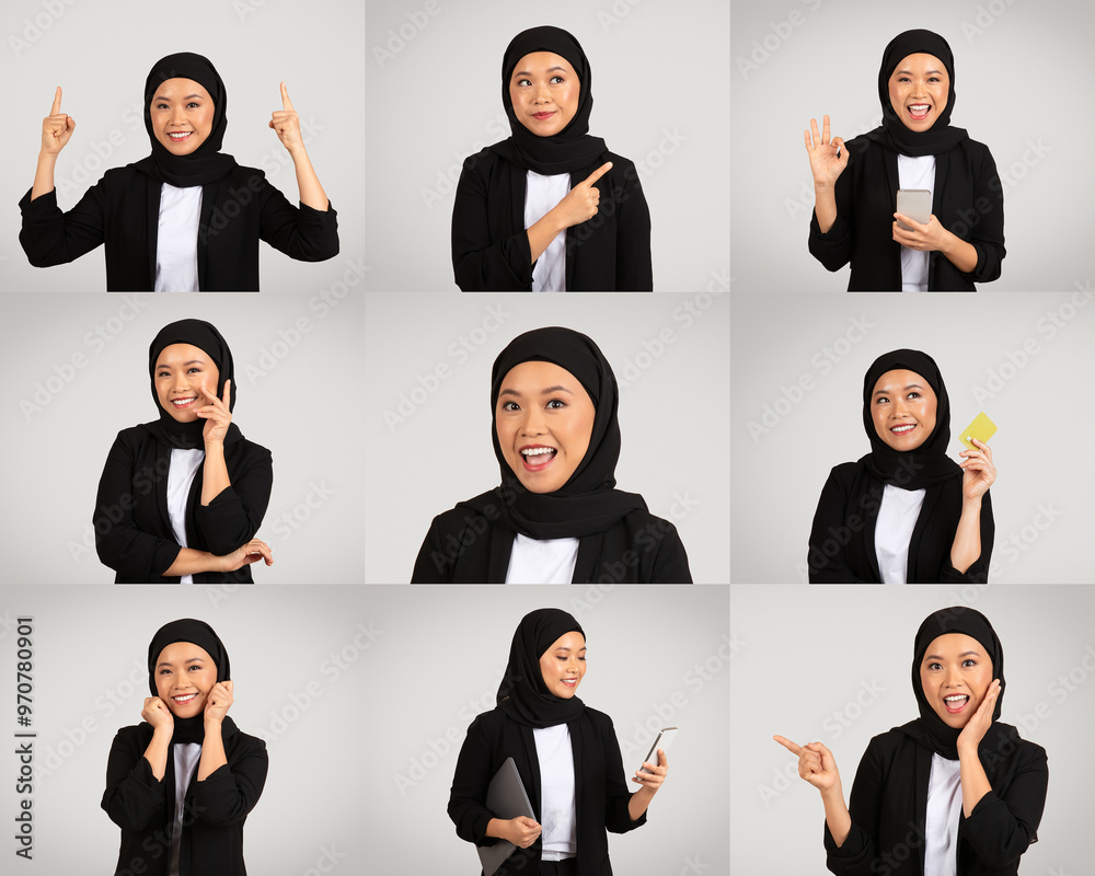 Poster a confident muslim businesswoman showcases her communication skills through a series of expressive g