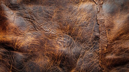 Close-up Texture of Worn Brown Leather with Creases and Wrinkles