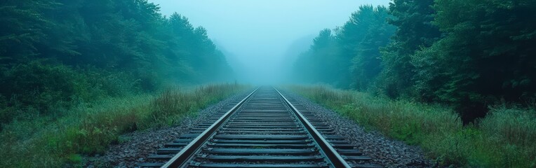 Fototapeta premium Mysterious Train Tracks Through Misty Forest