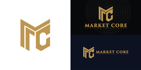 Modern vector initial letter MC or CM logo in gold color isolated on multiple background colors. The logo is suitable for real estate investment logo design inspiration templates.