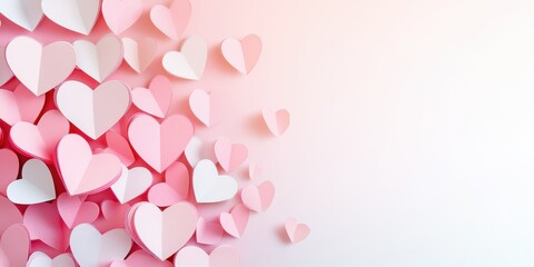Paper cutout hearts in various shades of pink on a soft pink background. Concept of love, Valentine's Day, and romance.