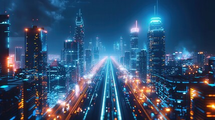 Fototapeta premium Futuristic cityscape with sleek high-rise buildings, neon lights, and advanced transportation systems