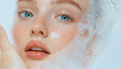 Describe how the visual elements in the image drops, bubbles, and clarity can symbolize hydration and nourishment in skincare