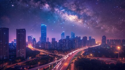 Fototapeta premium Nighttime cityscape with illuminated skyscrapers, busy highways, and a dramatic sky full of stars