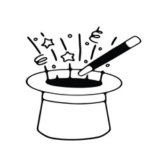 line drawing of a magic hat with a wand, featuring stars and sparks emerging from the hat.