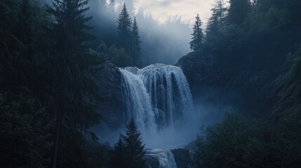 Mist Rising from a Cascading Waterfall at Dawn