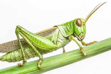 Close up shot of green grasshopper on plant stem.