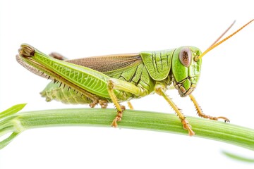 Close up shot of green grasshopper on plant stem.
