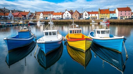 Obraz premium Colourful fishing boats moored at the harbour in the scenic East Neuk seaside village of Pittenweem Fife Scotland UK.