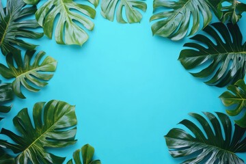 Tropical palm leaves on blue background  top view  flat lay.