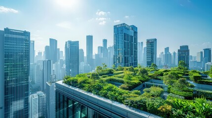 Fototapeta premium Modern cityscape with glass-fronted skyscrapers, green rooftop gardens, and a clear blue sky
