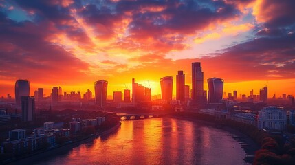 Fototapeta premium Sunset view of a city skyline with silhouetted skyscrapers, a river running through, and warm hues in the sky