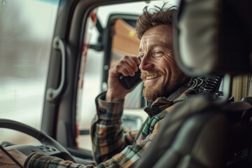 A person talking on their phone while seated in a pickup truck