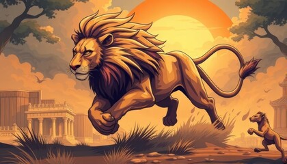 Intense Lion Chase in the Savanna	