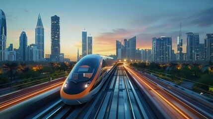 Modern city with futuristic architecture, high-speed trains, and green urban planning elements