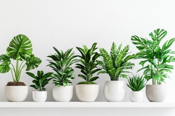 Obraz premium Tropical houseplants in white pots on shelf against wall.