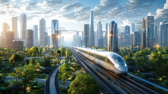 Modern city with futuristic architecture, high-speed trains, and green urban planning elements