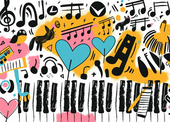 Obraz premium A whimsical doodle of musical notes and instruments, such as piano keys or guitar strings intertwined with cartoonish characters like cute animals and stars