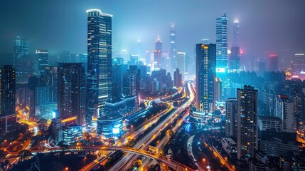 Obraz premium High-rise cityscape with a clear night sky, illuminated towers, and busy street scenes