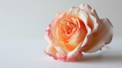 A single pink rose sits on a white surface