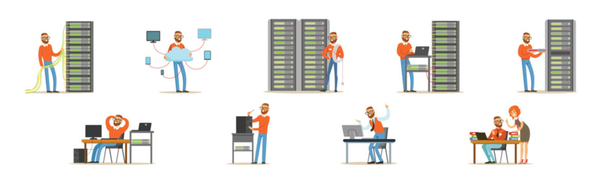 Young Man Sysadmin Character Working on Computer Doing Technical Work with Server Vector Set