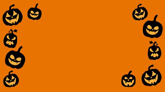 Halloween animated pumpkins sillhouette frame landscape on orange background. The blank space in the center of the frame
