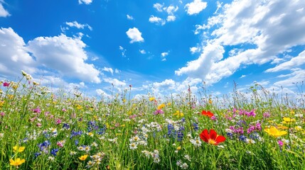 A picturesque spring meadow filled with wildflowers under a bright blue sky.