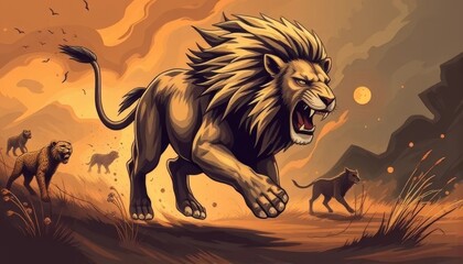 Obraz premium Intense Lion Chase in the Savanna 