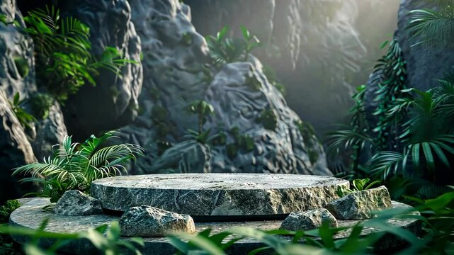Rock podium stone forest background product 3D platform pedestal flat. Stone round rock podium display render green gray stand abstract wild nature space stage mockup cosmetic outdoor empty scene