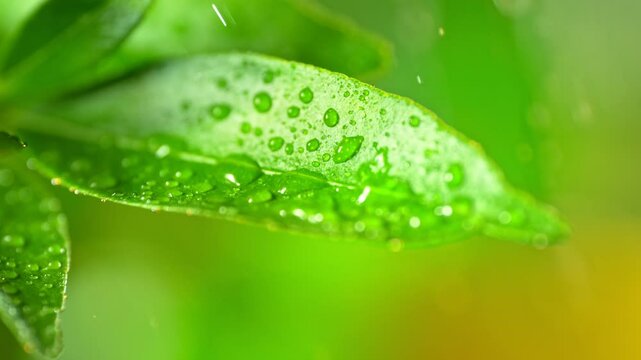Super Slow Motion Shot of Rain Drops Falling on Fresh Green Leaf at Sunset, 1000fps.
