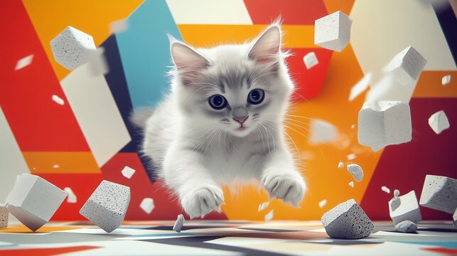 Playful white kitten energetically jumps through exploding concrete blocks on a colorful geometric background, capturing danger and excitement; adorable fluffy kitty jumping; domestic pet