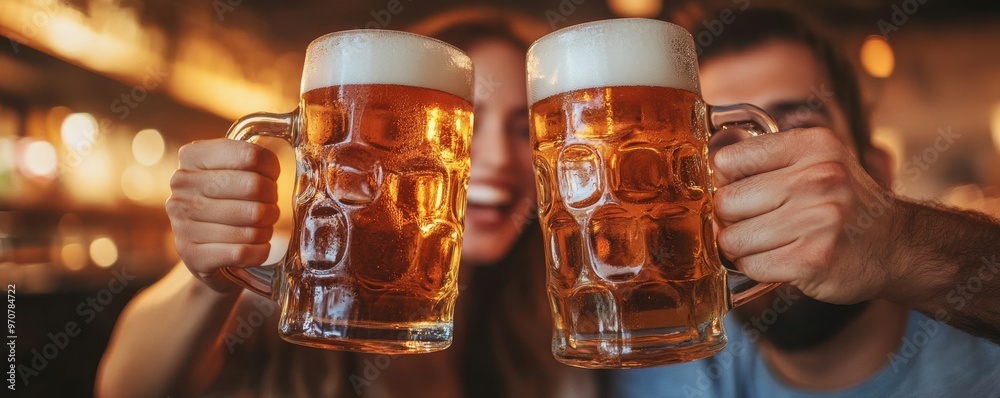 Wall mural close-up of a happy couple toasting with frosty beer glasses in a warm, cheerful atmosphere at a bar