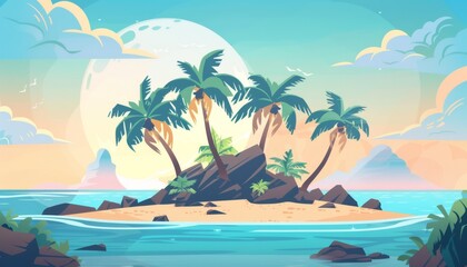 Fototapeta na wymiar Seaside serenity. Sunny beach. Tropical landscape with palm trees. Tropical island escape a hidden paradise. Cartoon 2d game illustration background.