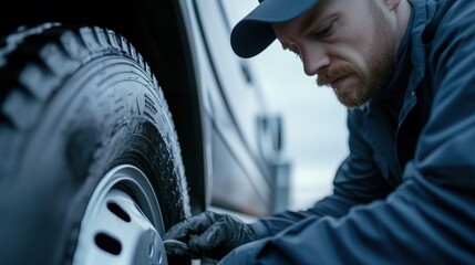 Professional mechanic inspecting truck tires outdoors for optimal performance